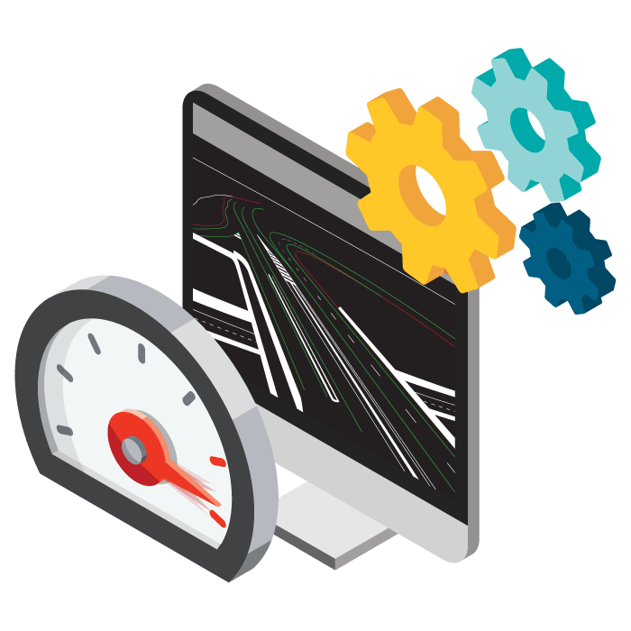 CAD drawing on a computer screen with cogs and a speedometer beside it