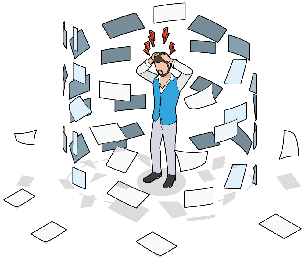 12d_Document_Management_Mayhem_02-Line-art Illustration showing document mayhem