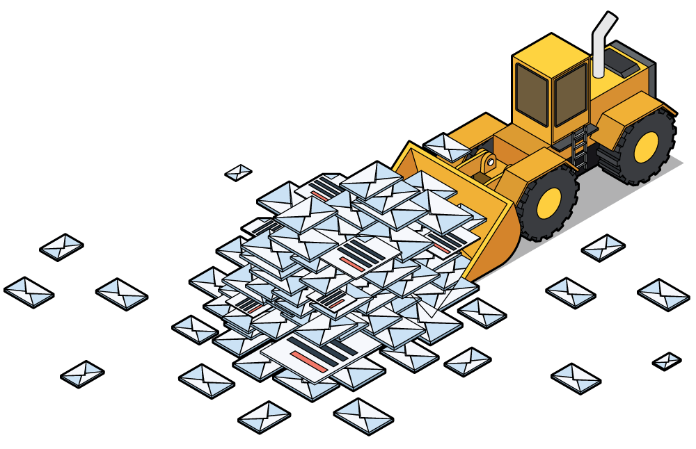 Email_Management_Front_End_Loader-Line-art-2 Illustration of emails being organised with a front end loader
