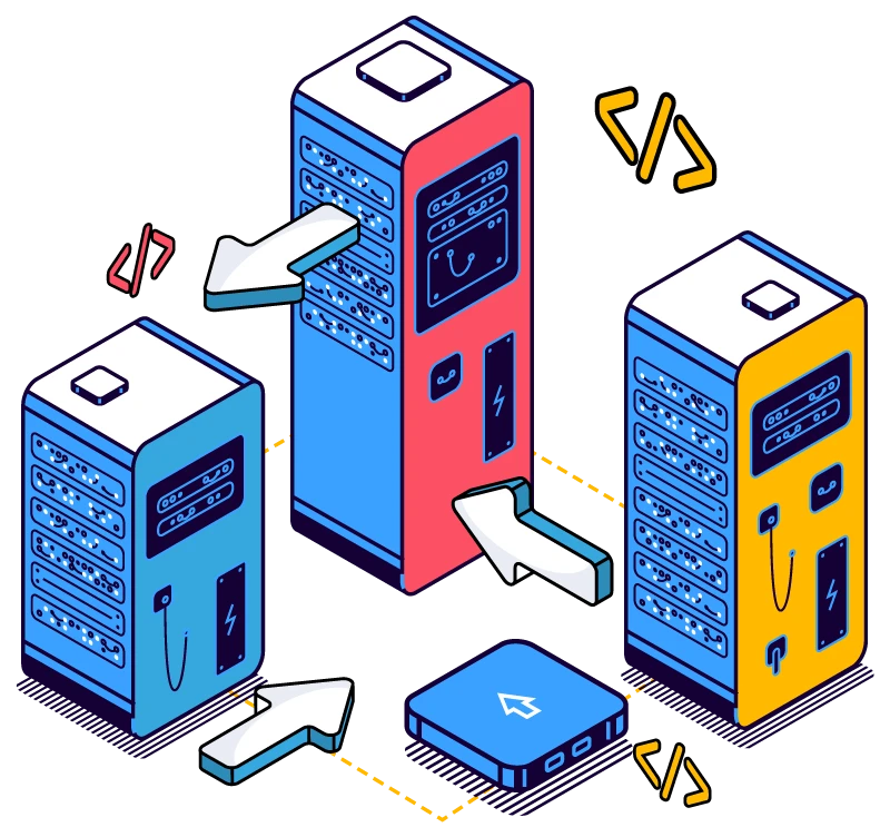 COS1642_CDE-Connect-Hero-Illustration-01 Three servers sharing data and metadata