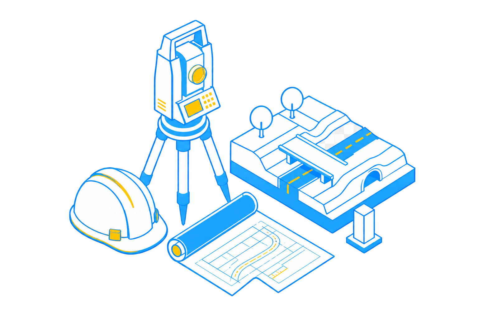 Isometric surveying illustration with a total station, hard hat, infrastructure model and plans.