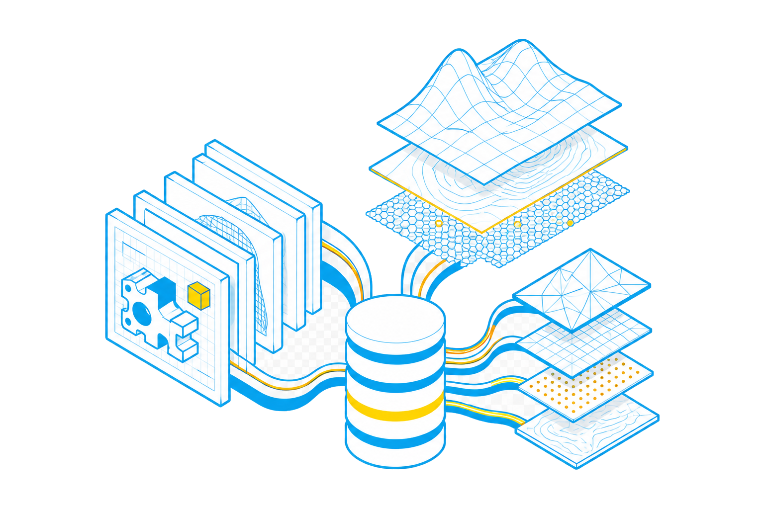 Isometric engineering data illustration with project files, a database and layered terrain models.