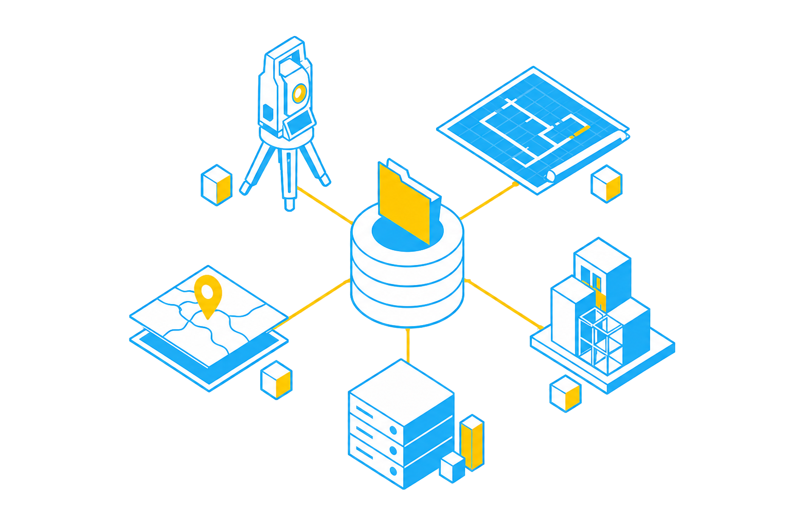 Isometric interoperability illustration connecting survey, mapping, design, buildings and project servers.
