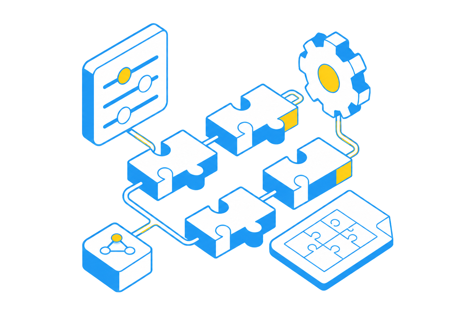 Isometric workflow illustration showing connected puzzle pieces, controls and automation.