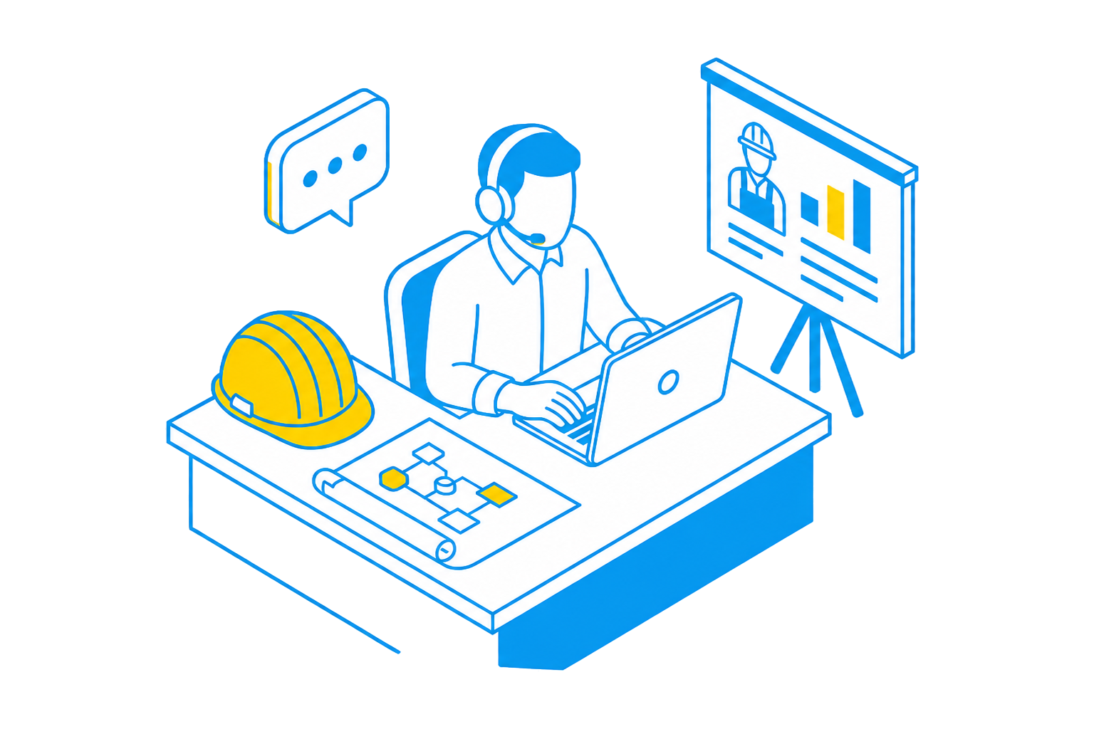 Isometric office collaboration illustration with an infrastructure specialist, laptop and project dashboard.