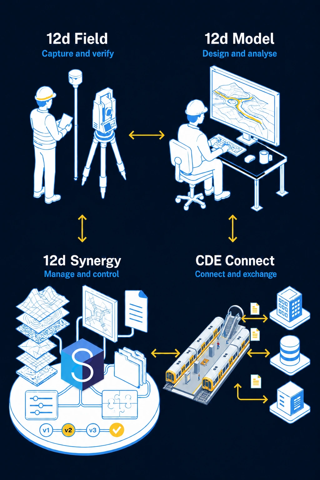 12d Field, 12d Model, 12d Synergy and CDE Connect connected across an infrastructure project workflow.